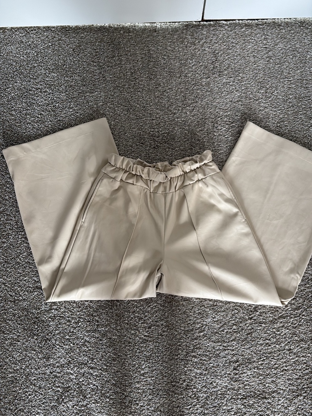 Beige Paperbag Waist Wide-Leg Trousers